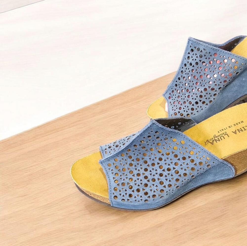 Marina Luna Blue Laser-Cut Wedge Sandals Size 9 - Picture 3 of 5